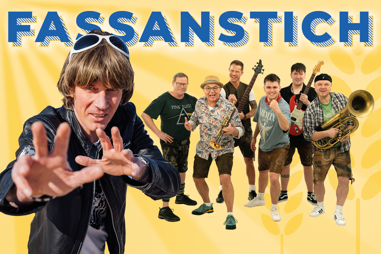 Ein Gruppenfoto der Band Grumis in Lederhosen vor einem gelben Strahlenhintergrund. Im linken Bildabschnitt steht Künstler Mickie Krause. Über der Band und dem Künstler steht das Wort Fassanstich.