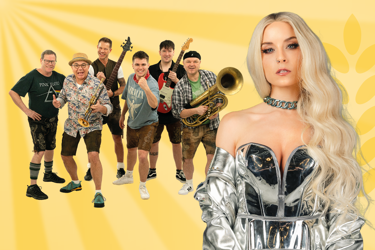 Links im Bild posiert die Band Grumis. Rechts blickt Künstlerin Mia Julia auf dem Kopf in die Kamera.